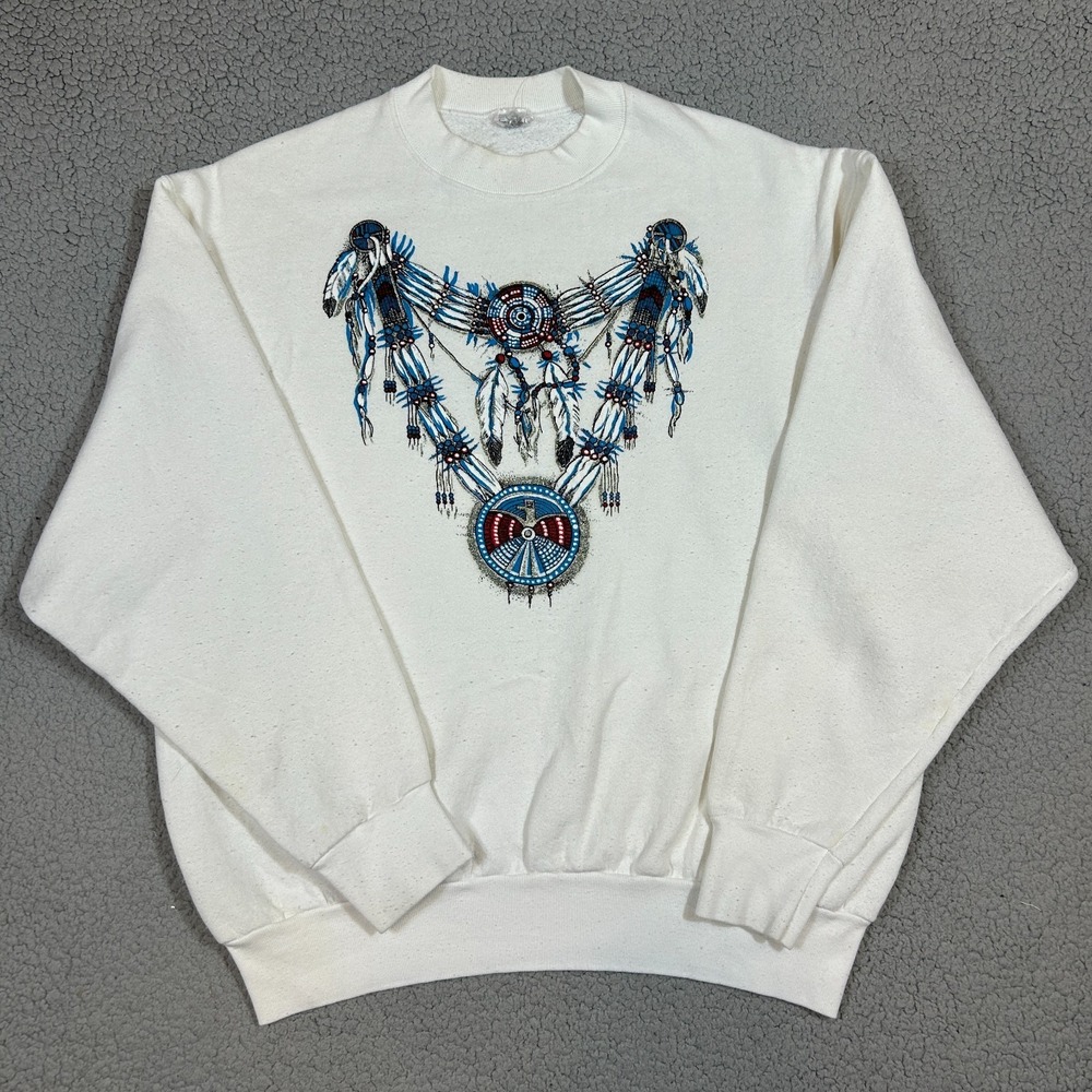 Vintage 90s Native American Tribal Wear Feathers Sweatshirt White‎ Size XL